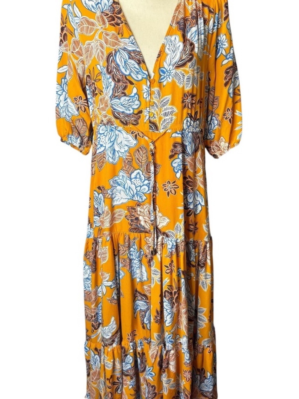 Abel The Label Anthropology Mustard Floral Tiered Midi Dress